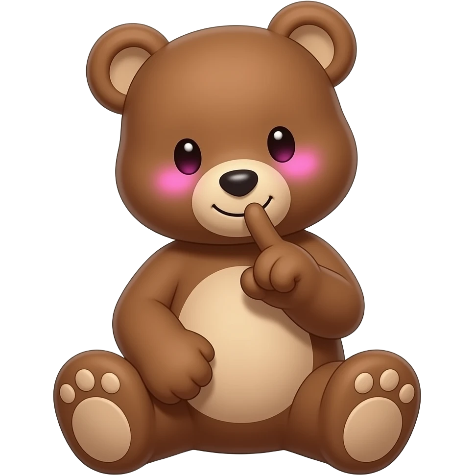 A brown teddy bear half body looking sideways as a male bear, he shy and looking down. He is also touching his index finger with each and pink glow under eyes just like an anime character. He is also slightly smiling. emoji