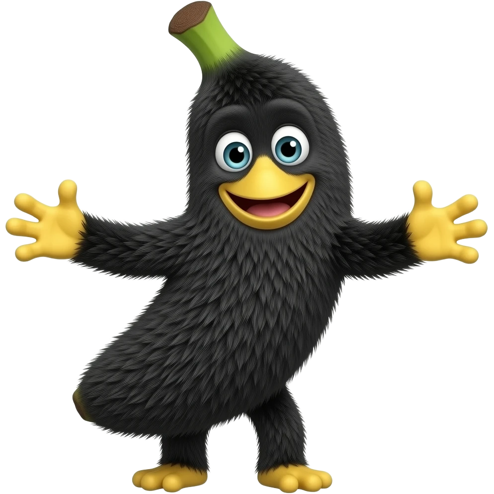 The emoji depicts a smiling very hairy banana with arms and legs, the banana being thickly and abundantly covered in black animal hair. emoji