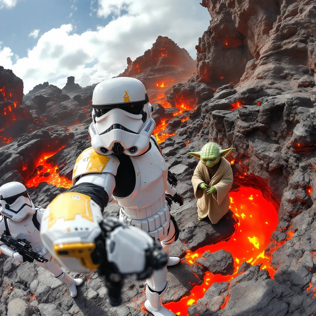 Camera POV, Starwars stormtroopers vlogging selfie, he is walking on lava planet with yoda emoji