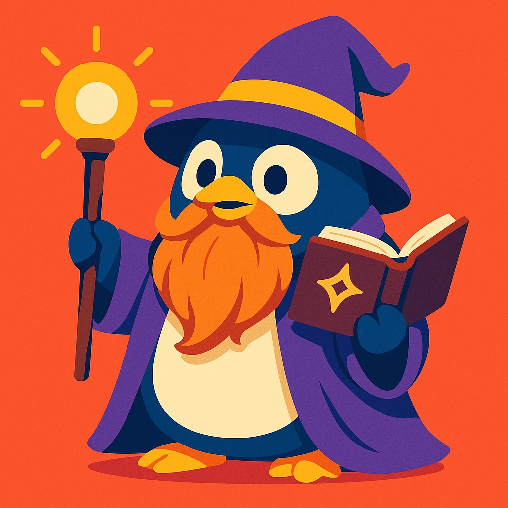 chubby penguin in wizard attire, with a long beard and a spellbook, vibrant toon style emoji