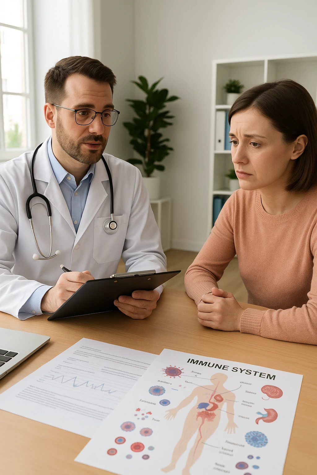 a doctor sits across from a patient in a bright, modern medical office. The doctor holds a clipboard and gently explains the diagnosis, while the patient listens with a concerned but attentive expression. On the desk, there are medical charts and a diagram of the immune system. The mood is empathetic and professional. emoji