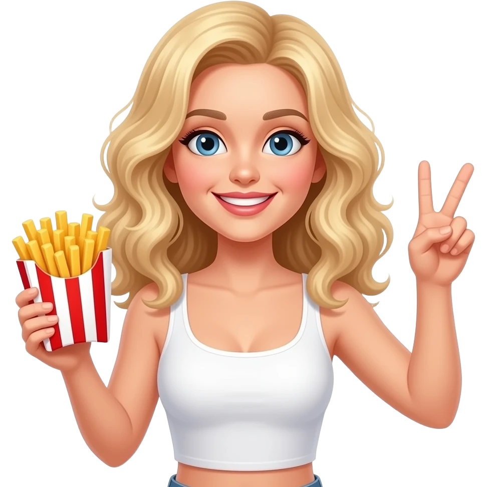 Blonde lady crimped wavy hair middle part mid back long holding french fries in a stripped red and white holder throwing up peace with innocent smile in a white tube top emoji