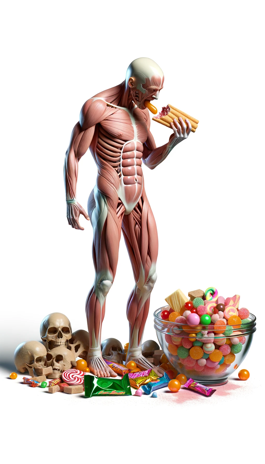 corpo umano anatomico in piedi a figura intera che si abbuffa di dolci e zuccheri, iperrealistico 4k, isolato su sfondo bianco emoji