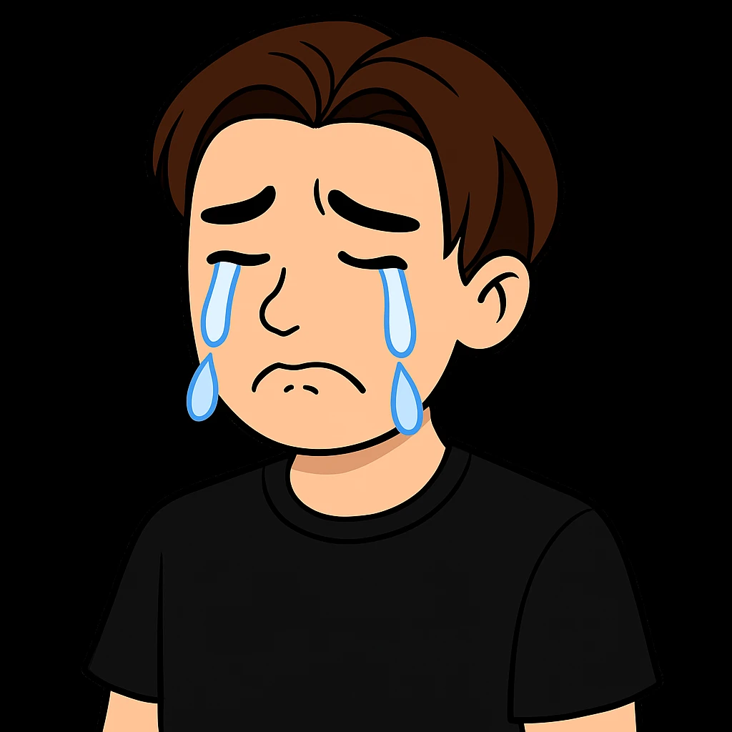 Edit the image of the boy to show him crying with tears flowing from his eyes, with a sad face, wearing a black shirt. Keep the face and style as in the original image. emoji