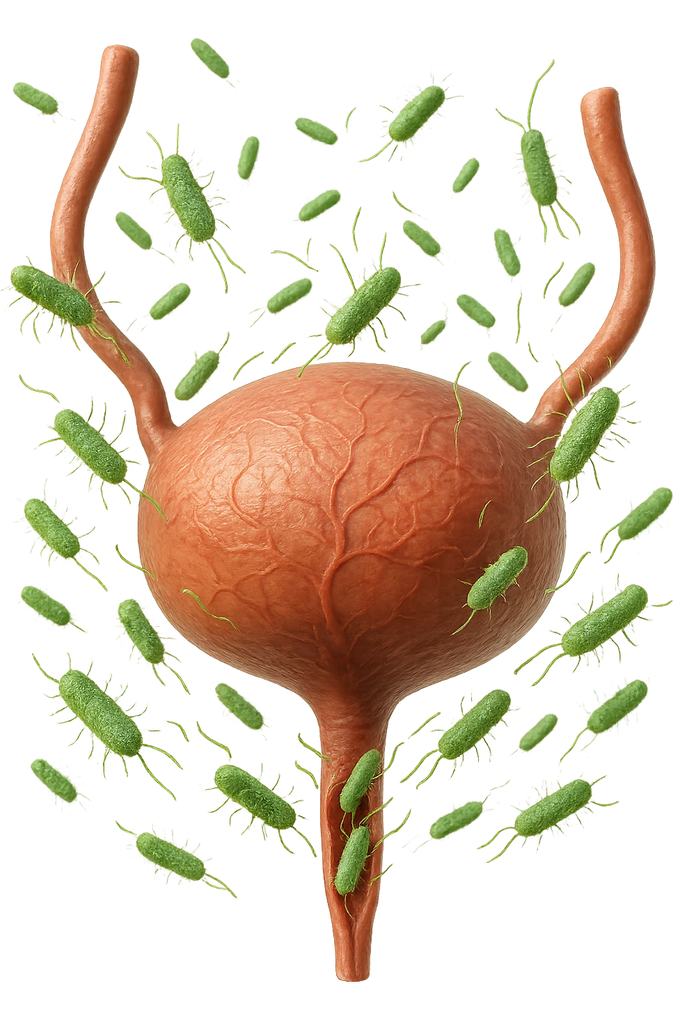 batteri intestinali che migrano ed entrano in una vescica anatomica realistica per infettarla, iperrealistico 4k emoji