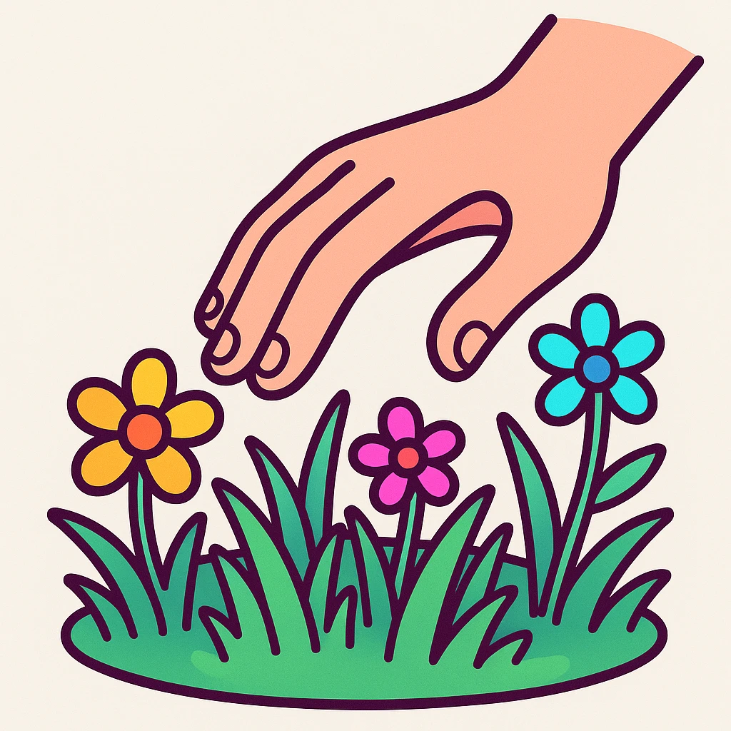 a hand gently touching grass and flowers, colorful flat 3D icon style, neon colors, white background emoji