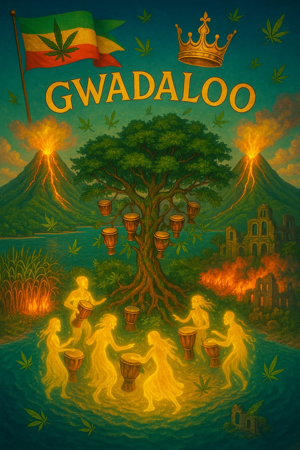 “Depict a mystical reimagining of Guadeloupe, a sacred French Caribbean island renamed Gwadaloo in spiritual rhythm. The landscape blends lush green mountains, twin volcanoes erupting golden light, and deep turquoise sea. In the center stands a legendary Drum Tree — its branches grow carved wooden drums instead of fruit, and glowing ancestral spirits dance around it in a circle of rhythm. Sugarcane fields burn gently in the background, symbolizing the release of colonial pain, while ganja leaves drift in the wind like blessings. Overhead, a sacred ganja-leaf flag flutters in the sky with red, green, and gold colors. A Creole crown floats in golden light above the island, not on any man’s head, but pulsing to the beat of the land. In the distance, ghostly ruins of colonial buildings crumble into dust, reclaimed by vines and time. Use a vibrant, cinematic color palette with warm golden light, deep greens, glowing reds, and ocean blues. Style the scene as prophetic, surreal, and empowering — a vision of Caribbean sovereignty, rhythm, and soul remembrance." emoji