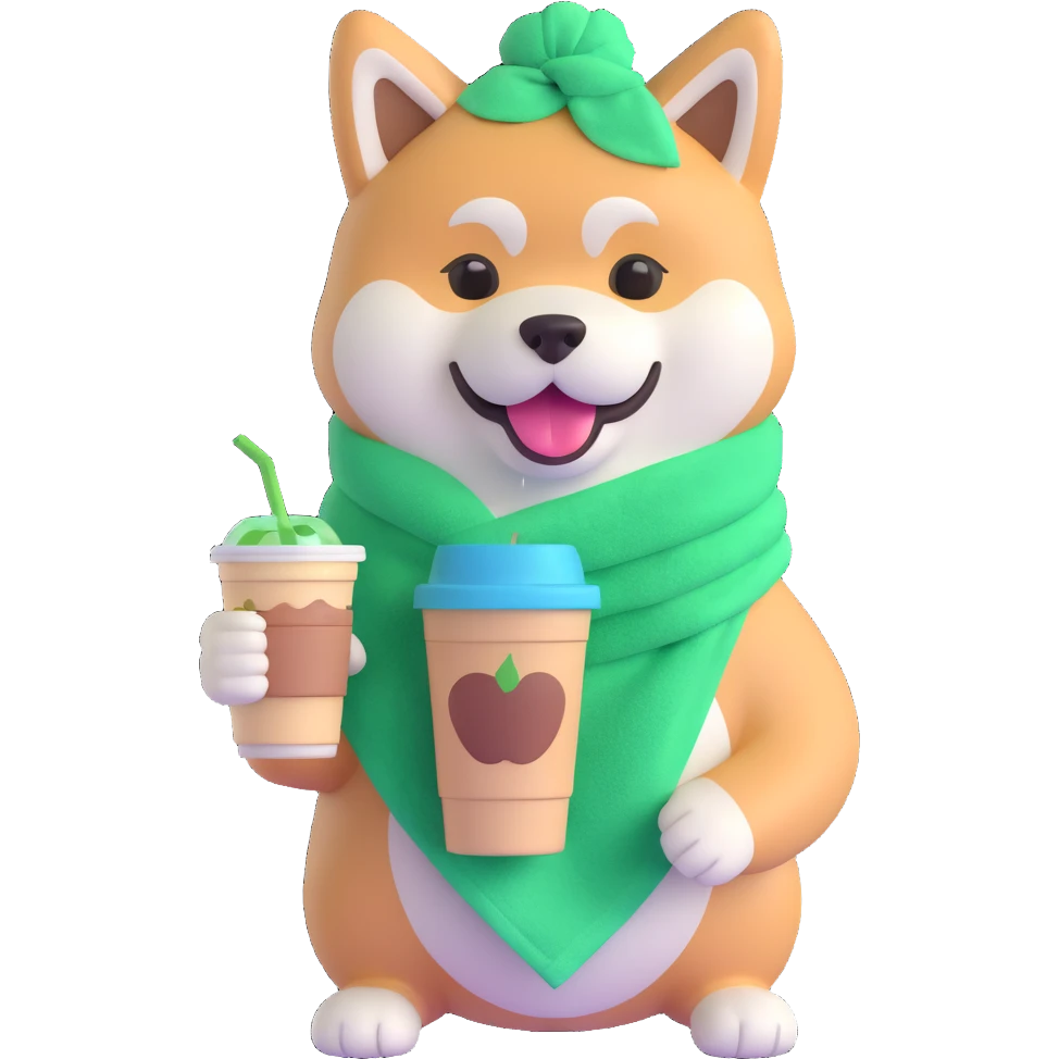 cheerful and relaxed Akita Inu wearing a green head towel, holding an iced coffee emoji