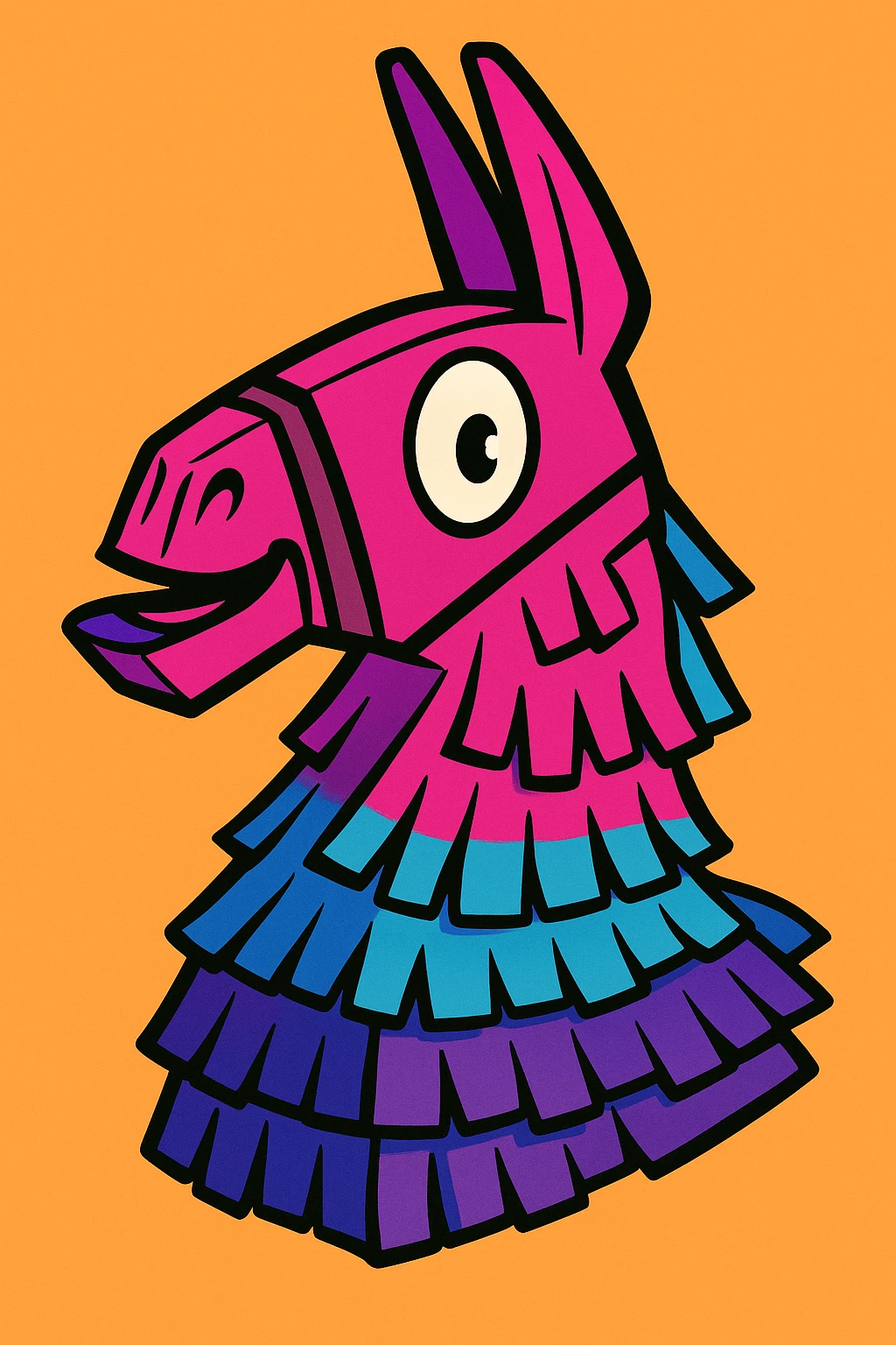 colorful llama piñata head, vibrant cartoon style inspired by Fortnite, bold outlines, playful expression emoji