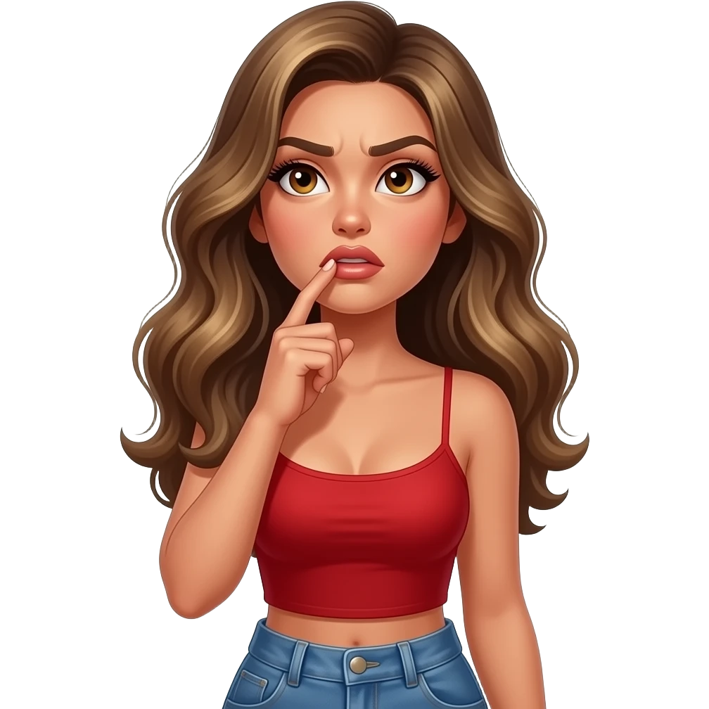 Fingers on lips and thinking looking up frustrated woman with tan glowy skin, hazel eyes almond with long lashes,, full lips, dark blonde flowing hair, delicate feminine sexy features, wearing a red tube top and blue jeans, confident and femenine and glam makeup. Intense seductive look. REALISTIC emoji