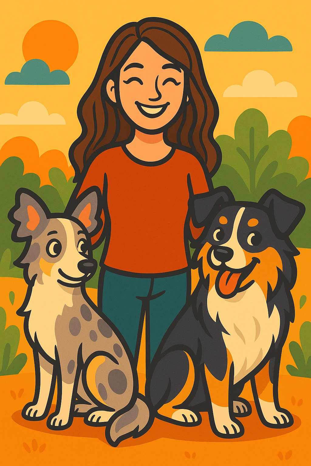 Make the woman younger while keeping her with two mini Australian shepherds, one dainty female and one boyish male, in the same vibrant toon style. emoji