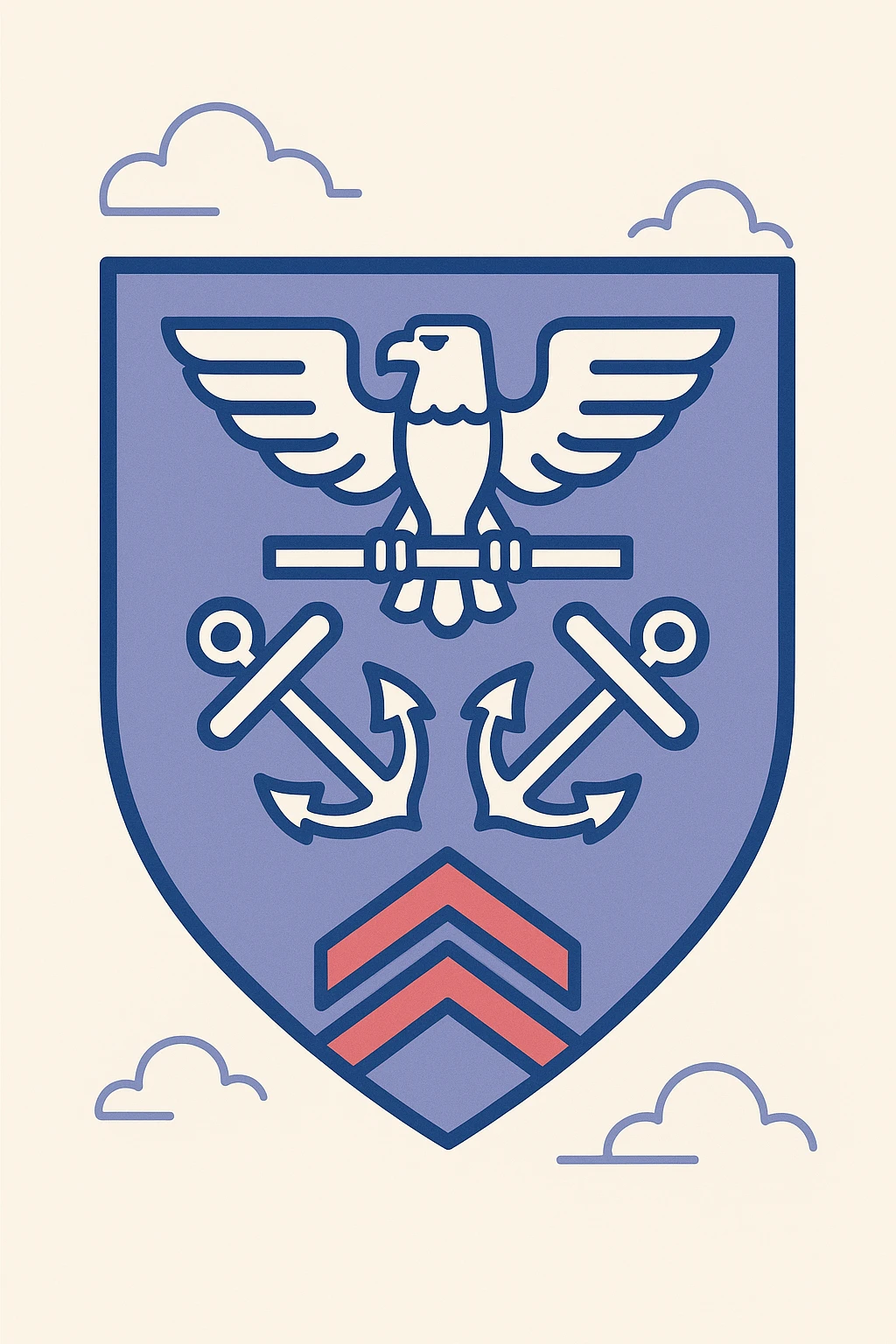 blue shield insignia with a white eagle holding a bar at the top, crossed white anchors below the eagle, and two red chevrons at the bottom, military rank badge style emoji