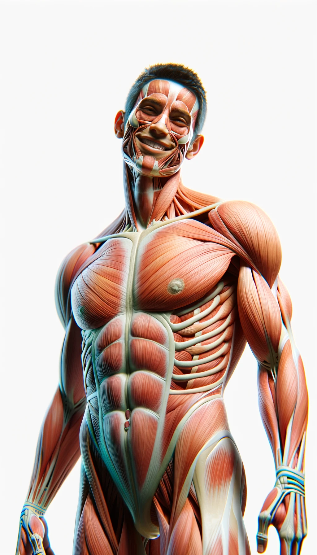 corpo umano anatomico a figura intera visibile fino ai fianchi che sorride rilassato, iperrealistico 4k, isolato su sfondo bianco emoji