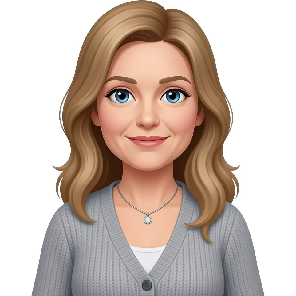 Blue eyes, fair skin, longer blonde/brown hair, larger, middle aged women, cardigan, grey top,small necklace emoji