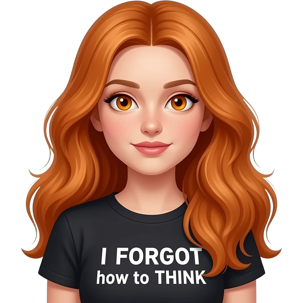 sexy girl with overlong ginger hair and ginger eyes a top with I FORGOT how to THINK written on it emoji