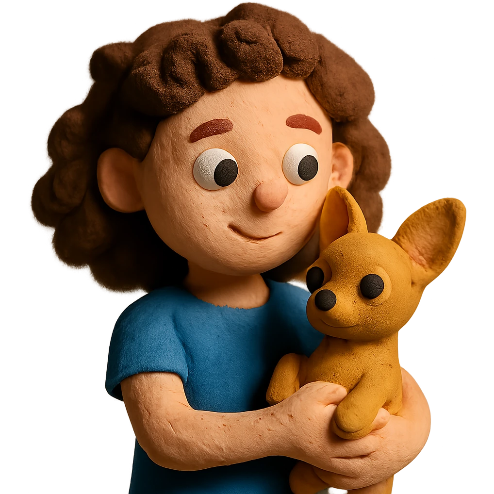 white girl with curly brown hair holding a chihuahua puppy emoji