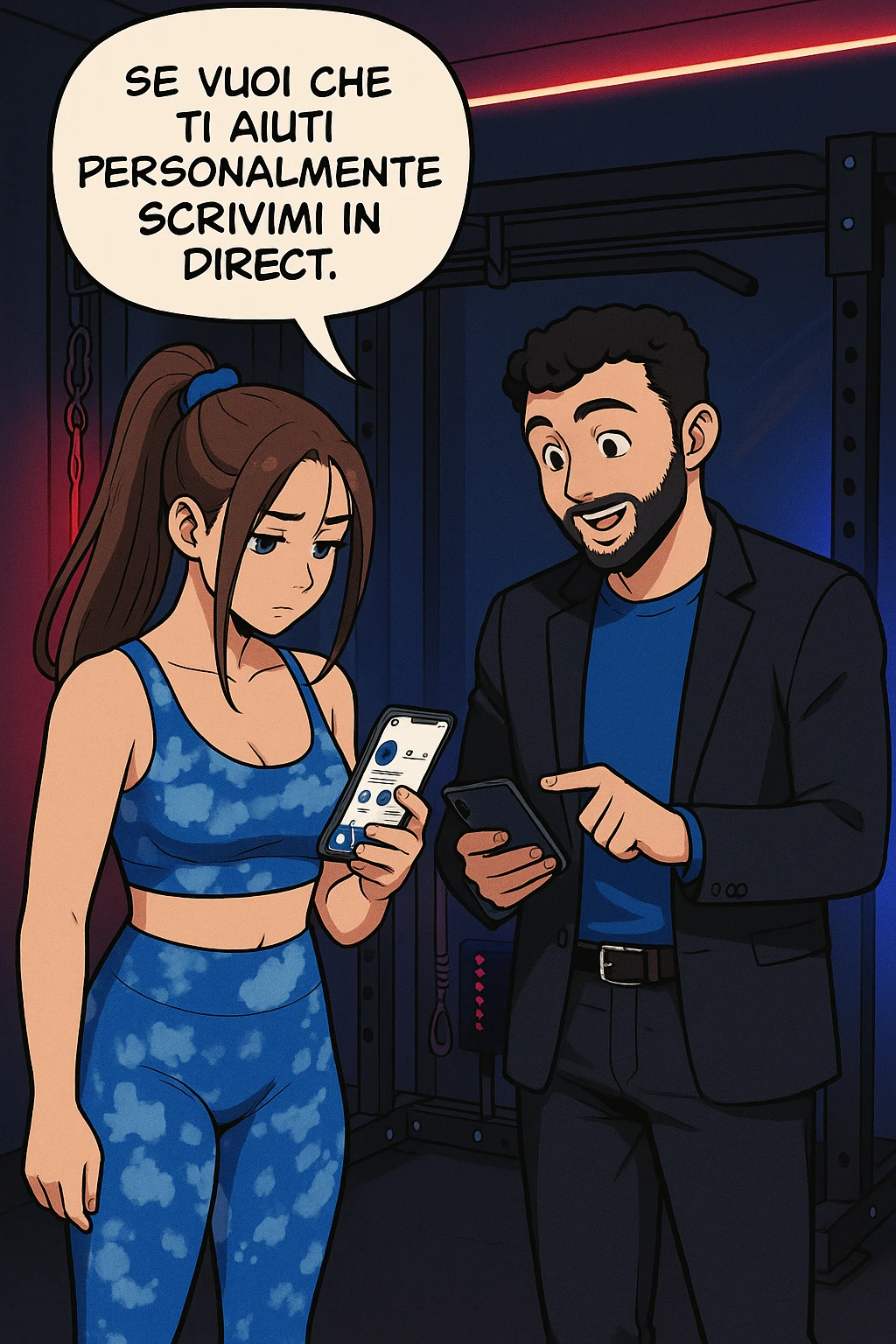 TRASFORMA QUESTO CAROSELLO IN UN FUMETTO STILE WEBTOON/MANGA A COLORI CON QUESTE DUE PERSONE IDENTICHE CHE INTERLOQUISCONO TRA LORO, L'UOMO MOSTRA UNO SMARTPHONE ALLA DONNA INDICANDOLO, E ANCHE LA DONNA HA LO SMARTPHONE IN MANO PER ANDARE A SEGUIRE IL SUO PROFILO INSTAGRAM:

LUI (UOMO): Se vuoi che ti aiuti personalmente
SCRIVIMI IN DIRECT emoji