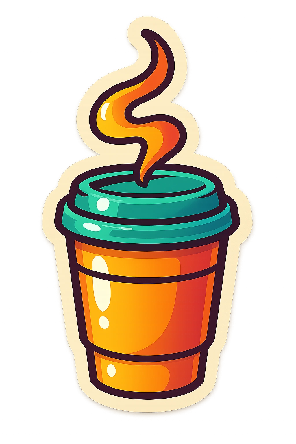 playful retro sticker-style illustration of a takeaway coffee cup with a swirl of steam above it, bold outlines, smooth forms, glossy expressive highlights emoji