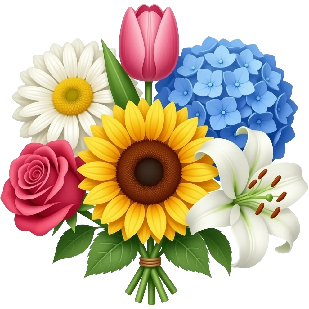 a bunch offlowers with a chrysanthemum, a tulip, a hydrangea, a rose, a sunflower and a lily emoji