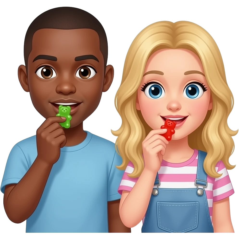 Black man with shaved head & blonde girlfriend eating gummy bears emoji