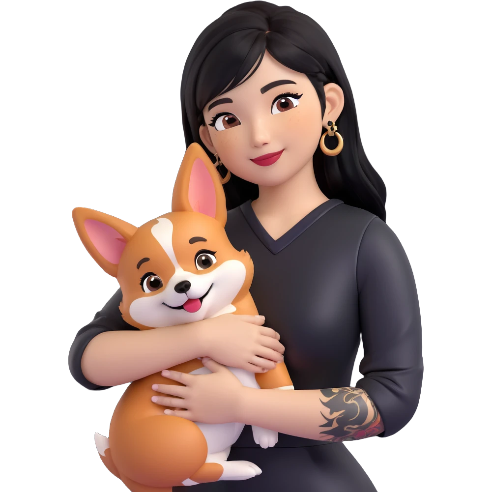 expressive emoji of an Asian girl with long black hair and wispy deep-parted side bangs, wearing a black leather dress, gold earrings, false lashes, and a 3/4 sleeve tattoo on her left arm, hugging a happy red head tri-color corgi, simplified, clear, emoji-like emoji