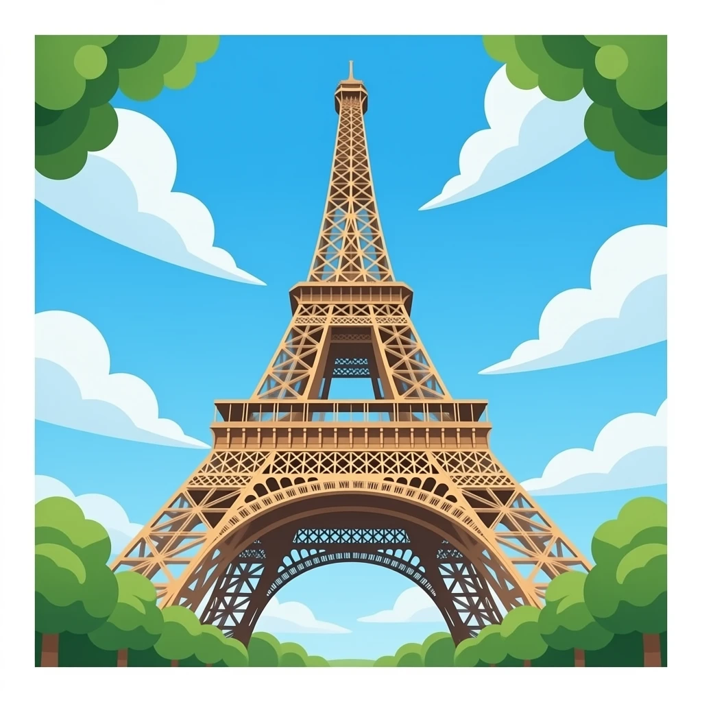 Emoji-style Eiffel Tower viewed from below, dramatic upward perspective, visible iron lattice and arched base, narrowing tower reaching into a blue cloudy sky, green tree leaves framing corners, clean emoji design, simplified geometry, bright colors. emoji