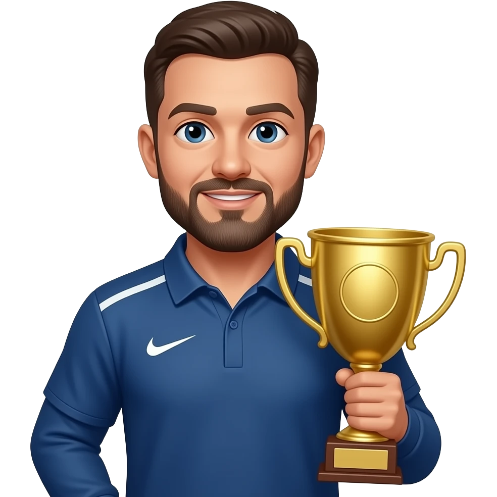 Athletic basketball coach with goatee holding a trophy emoji