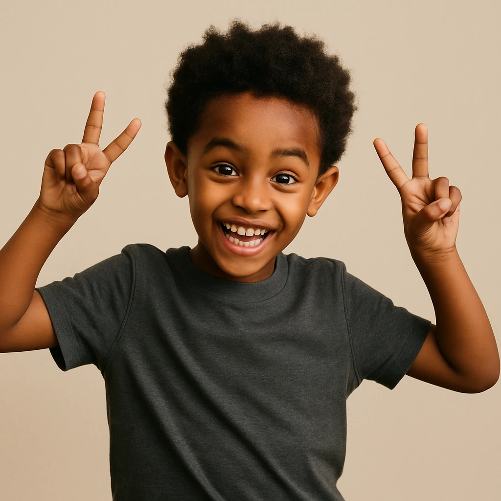 Ethiopian young boy, playful pose, short afro hair, modern t-shirt, plain background emoji
