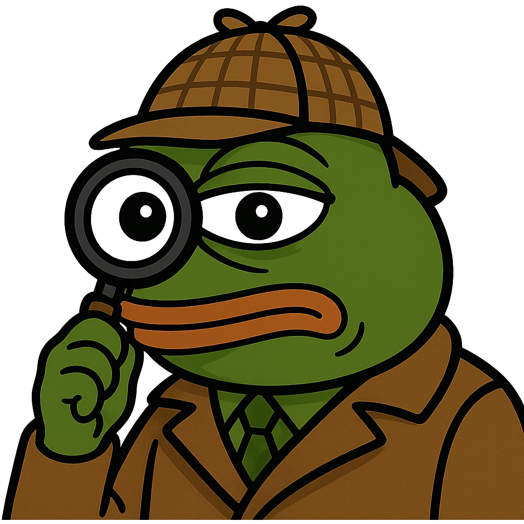 Pepe the Frog meme style as a detective with a magnifying glass, remove background, keep transparent background. emoji