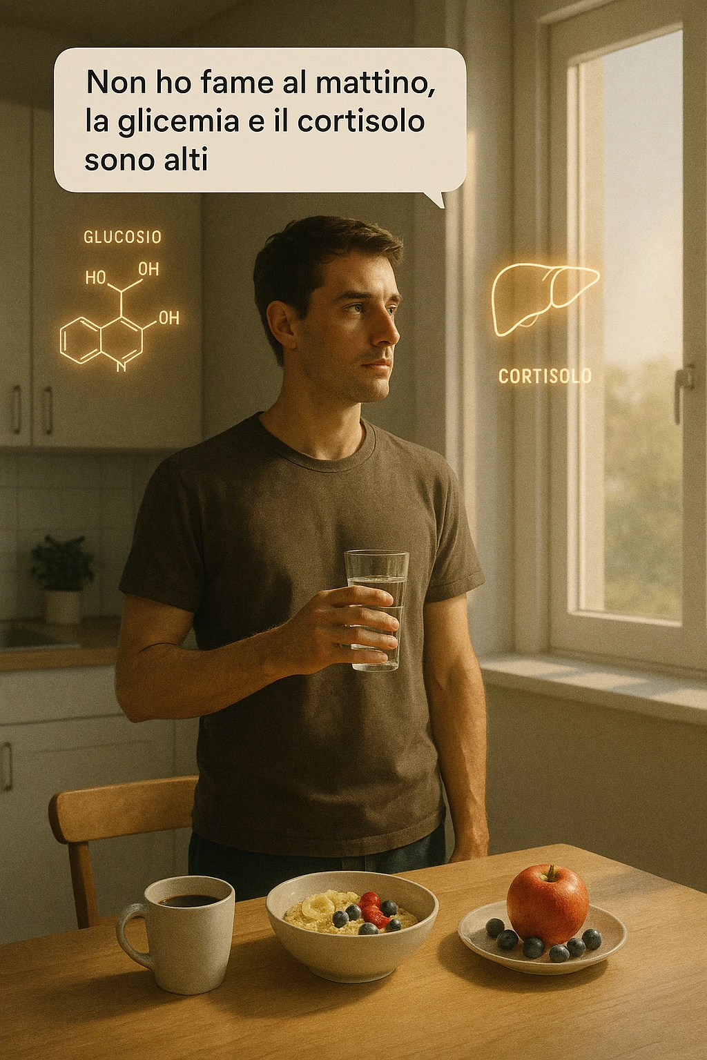 A realistic, cinematic illustration of a man in his early 30s with a lean, healthy build, standing calmly in a bright, minimal kitchen in the early morning. On the kitchen table, there is a prepared but untouched healthy breakfast (oatmeal, fruit, coffee). The man, with a neutral and focused expression, holds a glass of water while looking out of the window where morning sunlight enters. Above him, subtle glowing medical icons display: a glucose molecule, a cortisol hormone symbol, and a liver icon, indicating high morning blood sugar and cortisol levels. A small speech bubble or text overlay says: ‘Non ho fame al mattino, la glicemia e il cortisolo sono alti.’ The scene conveys a sense of calm, clarity, and body awareness, showing that the man consciously avoids breakfast due to physiological signals rather than restrizione. The style is realistic, warm, with a slight film grain, emphasizing health and conscious self-regulation. in italiano emoji