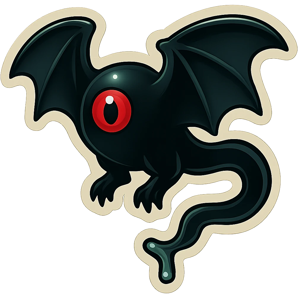 an all black reptilian bat-like creature. One cyclopian red eye in its face. no visible mouth or ears. 2 hind legs with claws. has a long tale with a stinger that drips green poison. no ears. no horns. no arms. visible bone-like stinger at end of tail emoji