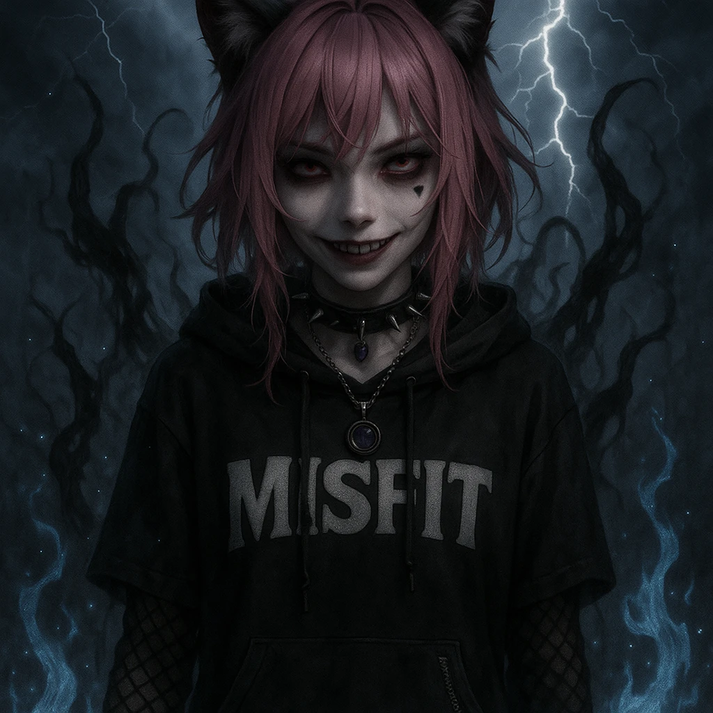 realistic anime catgirl with pink hair, emo streetwear, heart tattoo under left eye, dark magical accessory, sparkles, stormy background, ghostly horror look with shadowy tendrils, pale blue flames, and a chilling smile emoji