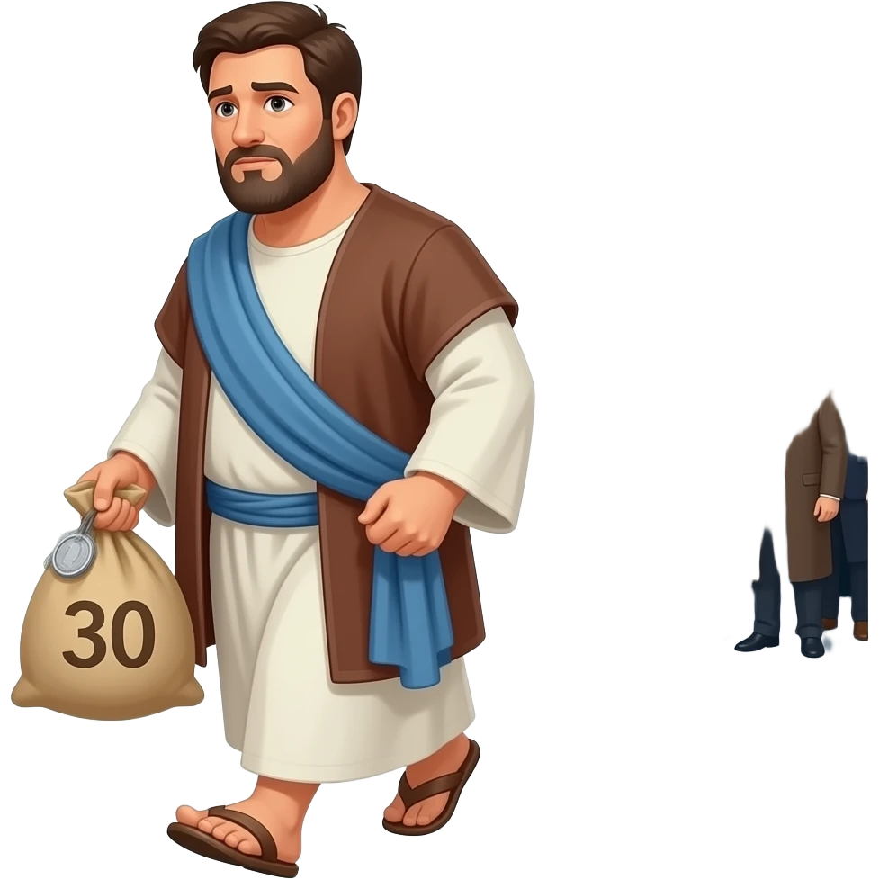At night A full bodied short hair man standing  by, wearing old clothing from biblical times , holding a sack of 30 silver coins, walking away from isrealite leaders, looking nervous and Satan lurking near by emoji