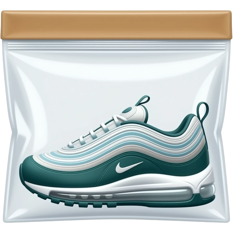 3D render of haki Nike Air Max 97 sneaker profile inside clear vacuum zip-lock bag with tan liner. emoji