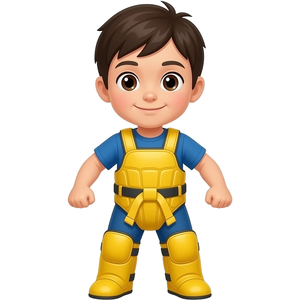 Identical stance, child in yellow pads with arms slightly bent, slight smile, centered composition.

 emoji