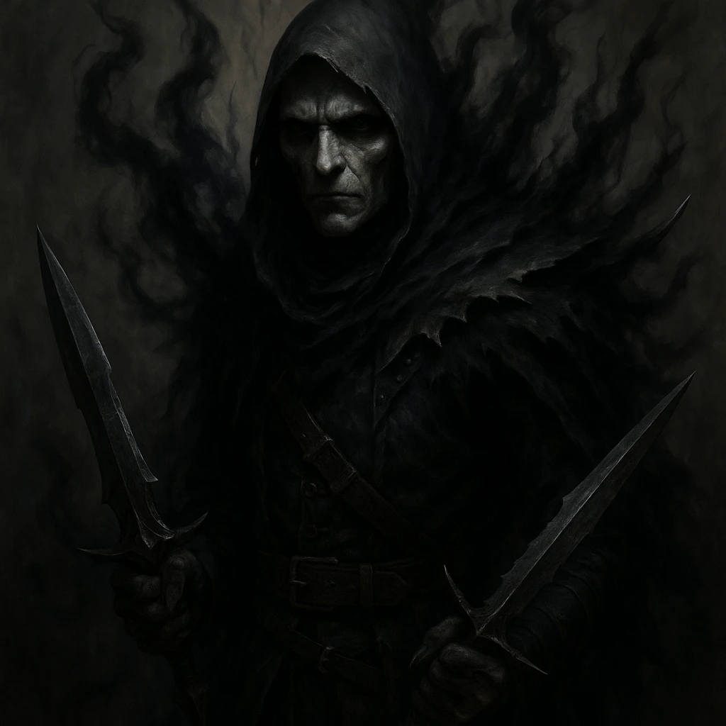 Make the assassin look even scarier, with a shadowy aura, sharp weapons, and a chilling, emotionless face, but keep the face clearly visible, in a realistic fantasy style. emoji