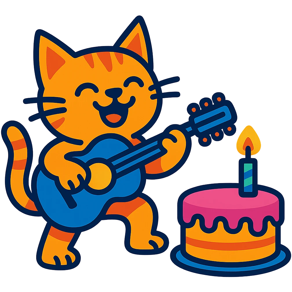 cat playing guitar next to a cake, vibrant-toon style emoji