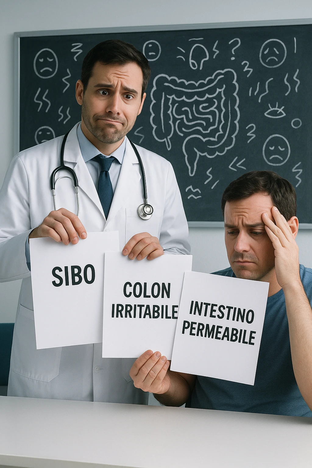 Scena clinica con un medico confuso in camice bianco davanti a un paziente seduto. Il medico ha tre fogli in mano, e li mostra uno alla volta con espressione incerta: il primo dice 'SIBO', il secondo 'Colon Irritabile', il terzo 'Intestino Permeabile'. Il paziente ha un’espressione confusa e scoraggiata, con una mano sulla fronte. Sullo sfondo una lavagna caotica con disegni di intestino e sintomi ovunque. Stile realistico con tocchi ironici, toni freddi da ambulatorio ma con un messaggio visivo forte di incertezza diagnostica. in italiano emoji