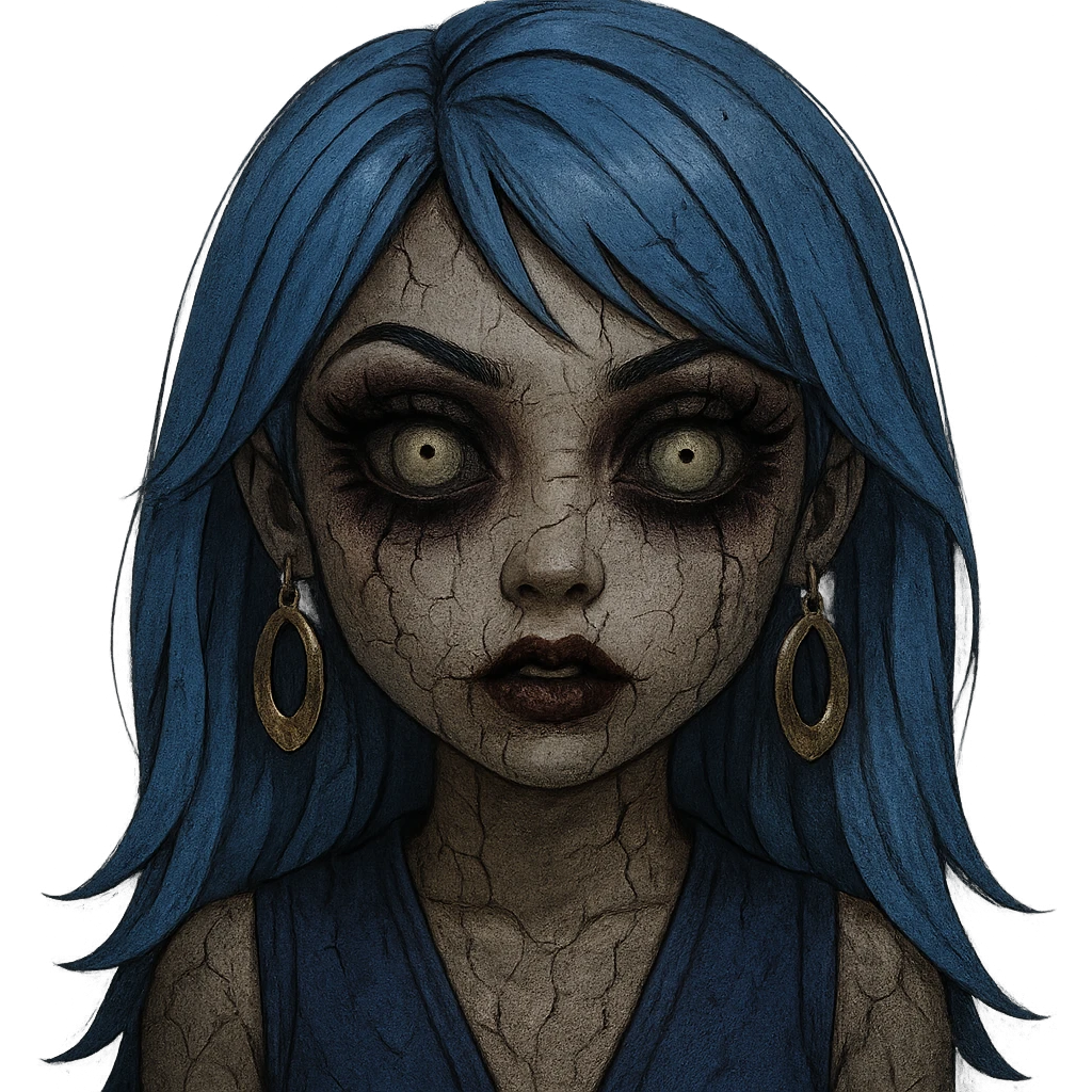Make the character look creepy while keeping the gyaru style, blue hair, pretty makeup, and bratz baddie vibe. The style should resemble emoji style with no background. emoji