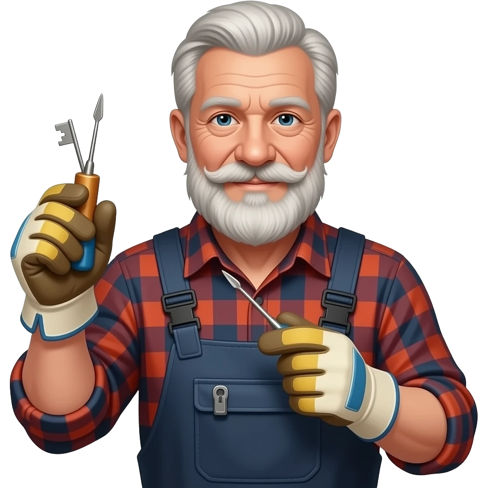 old male Locksmith with tools in hand, keys emoji