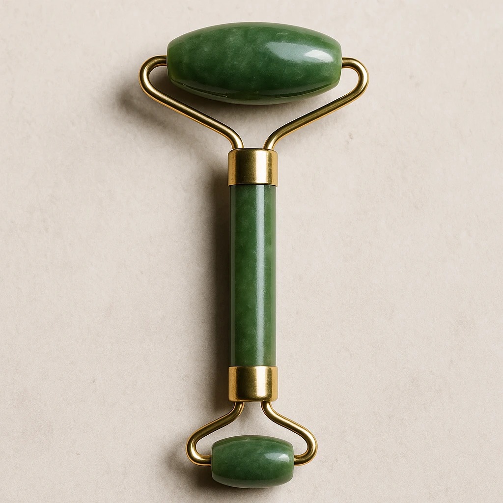 gua sha roller tool, realistic, jade green, subtle shine emoji