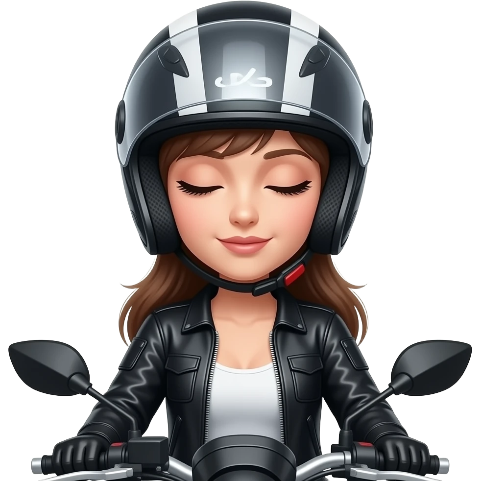 mulher com um capacete de mota que SÓ se ve os seus olhos ou seja a cara é quase toda tapada com o capacete menos os olhos porem aberto e que se veja os cílios bem grandes e a mota ao lado da mulher e a mesma com roupa de motoqueira com os olhos mais relaxados emoji