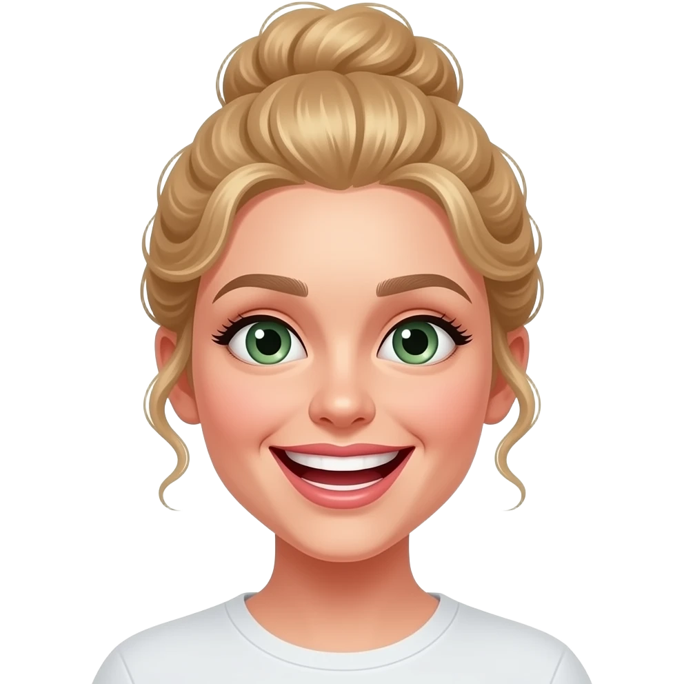 blonde haired realistic woman with green eyes curly bun laughing emoji