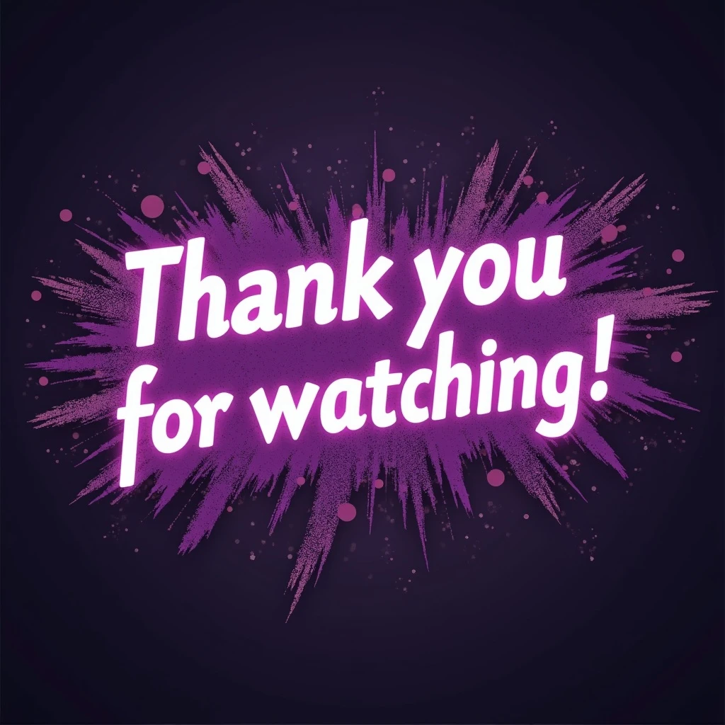"thank you for watching!" cyberpunk style text splash overlay lavender emoji