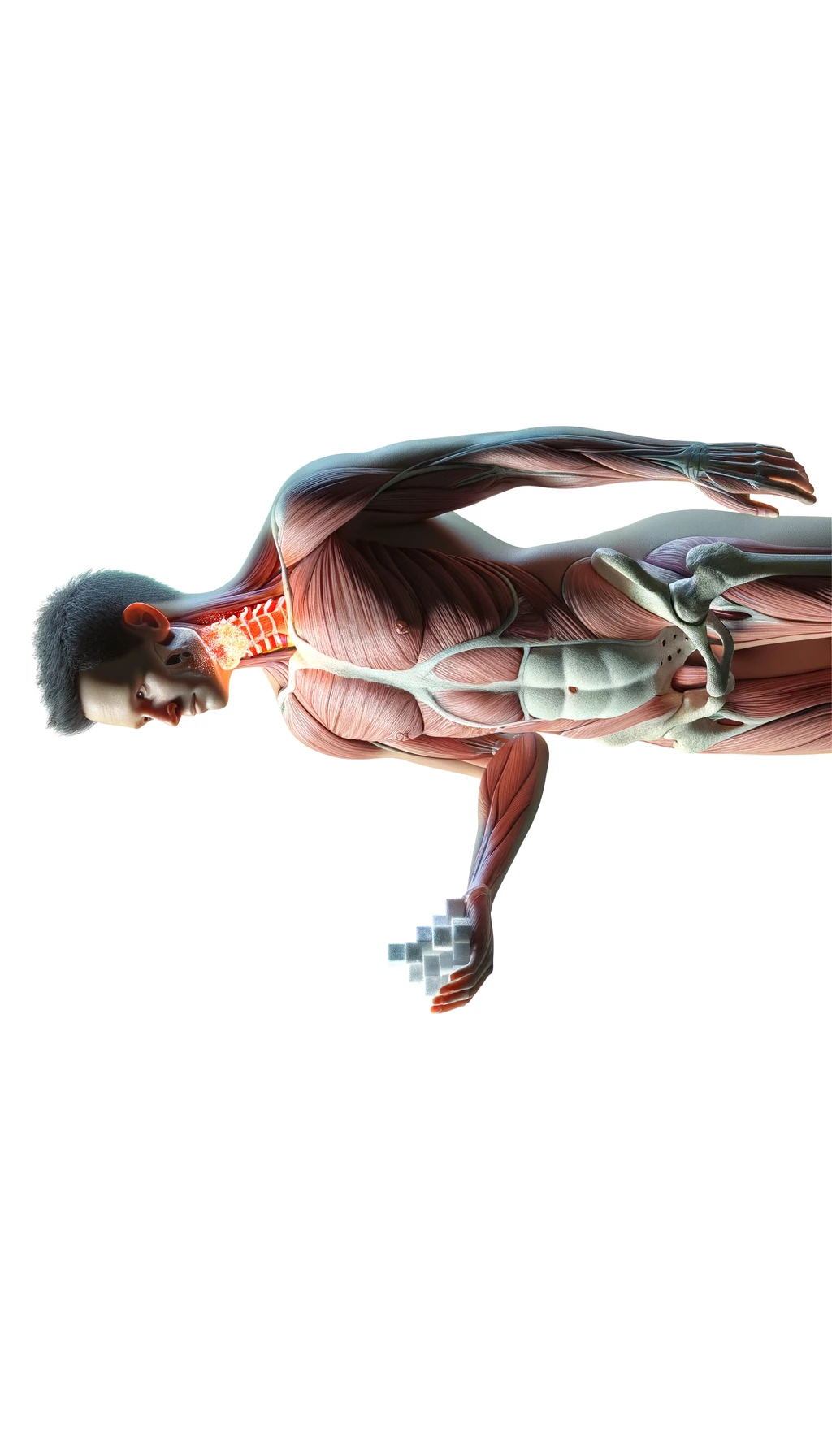 corpo umano anatomico con capelli corti a figura intera fino alle ginocchia, tiroide infiammata in evidenza, tiene in mano una manciata di zollette di zucchero, iperrealistica 4k, isolato su sfondo bianco emoji