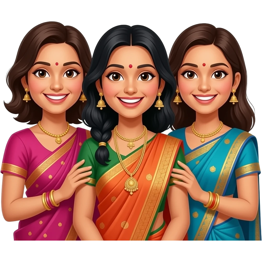 Three girl friends with happy faces Indian look Indian look one 45 years old another two 35 years different indian looks emoji