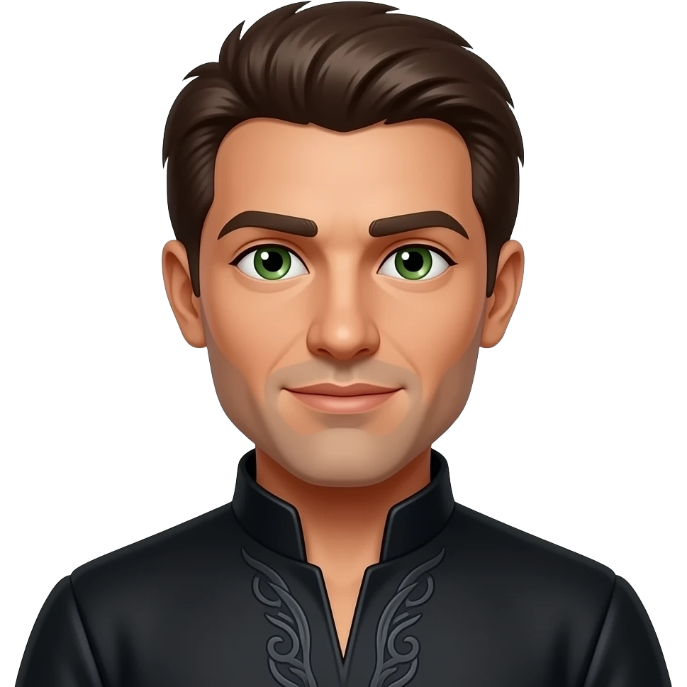 Iago from Otello with dark skin, green eyes, brown short hair, black tunic emoji