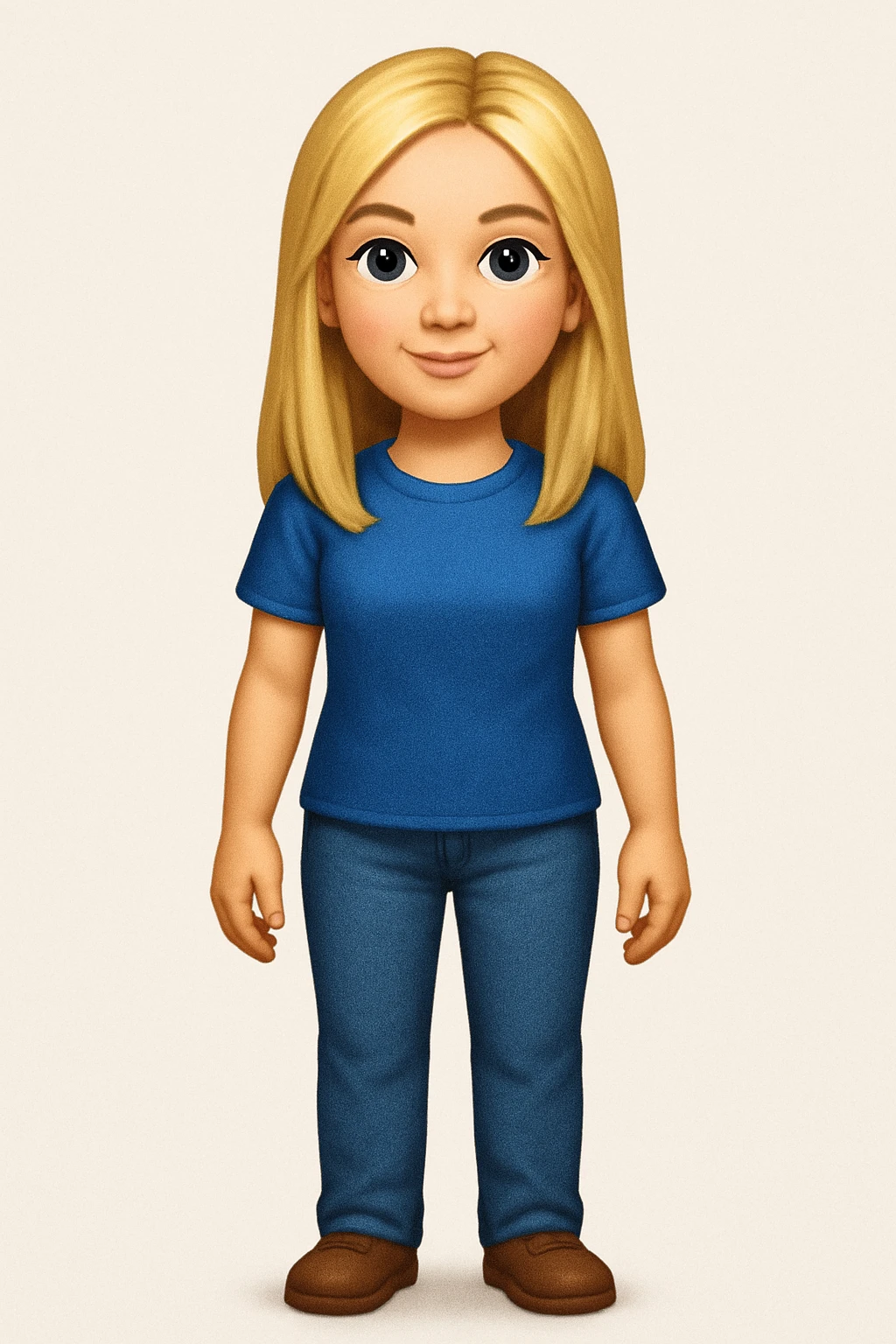 Сгенерируй мне в стиле детализированного емодзи девушку русской внешности, блондинку. В ПОЛНЫЙ РОСТ ОНИ И НЕ КАСАЮТСЯ КРАЕВ ИЗОБРАЖЕНИЯ emoji