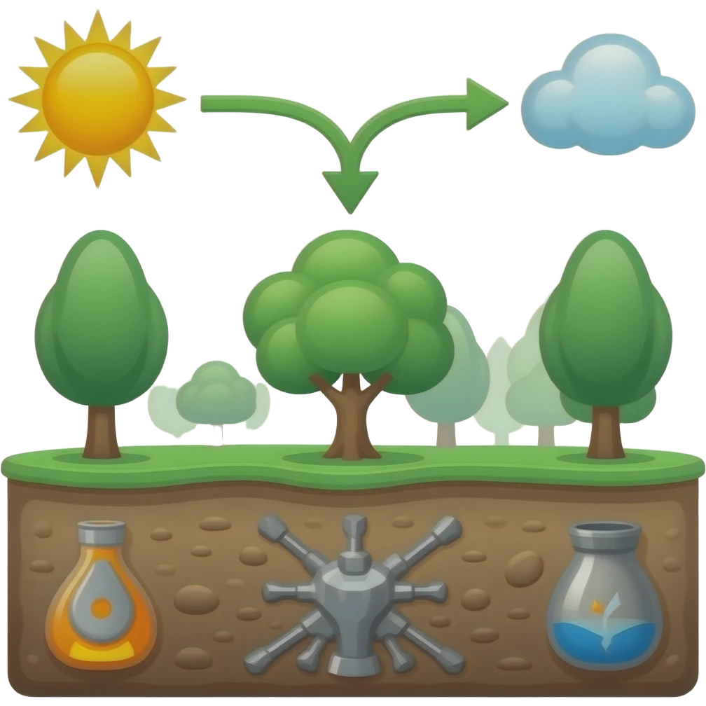 ecosystems  and draw arrows from sun to trees from tress to fossil fuels inside ground and arrow from that to air emoji