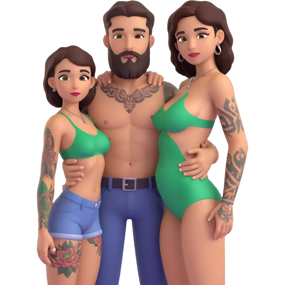 Short Brown eyed Latina woman with pierced nipples, small breasts and tattoos having sex with a tall white man with green eyes and a beard for Christmas emoji
